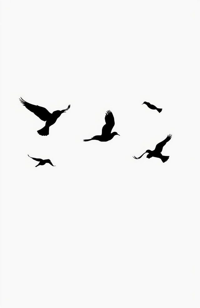 A minimalist scene featuring simple silhouettes of birds gracefully flying against a clean, white background