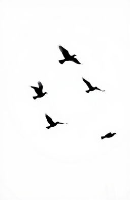A minimalist scene featuring simple silhouettes of birds gracefully flying against a clean, white background