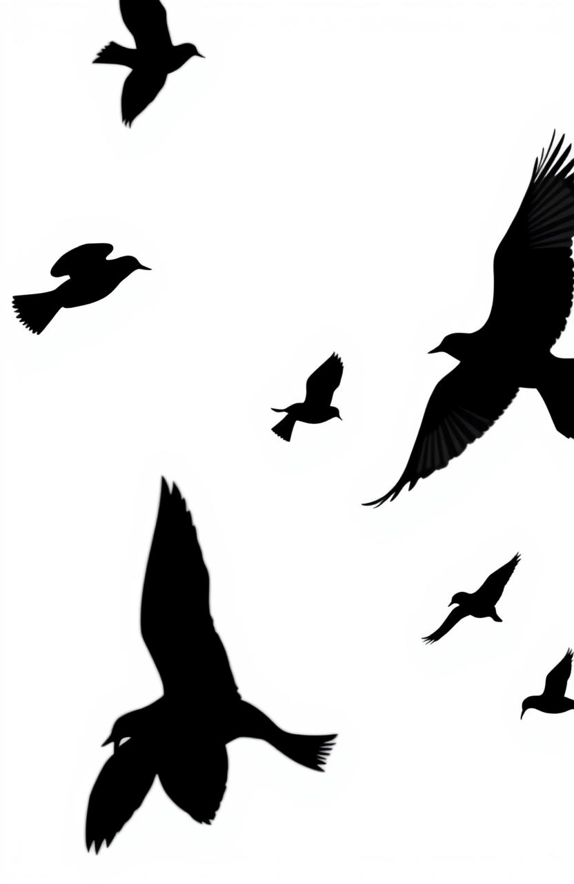 A minimalist scene featuring simple silhouettes of birds gracefully flying against a clean, white background