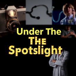 The phrase 'Under The Spotlight' presented in bold, illuminated letters, glowing brilliantly against a softly blurred background that includes a vintage camera, a medical stethoscope, an actor in a dynamic pose, and a female doctor in her professional attire