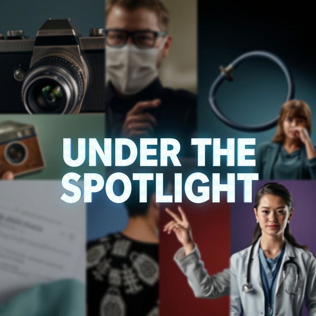 The phrase 'Under The Spotlight' presented in bold, illuminated letters, glowing brilliantly against a softly blurred background that includes a vintage camera, a medical stethoscope, an actor in a dynamic pose, and a female doctor in her professional attire