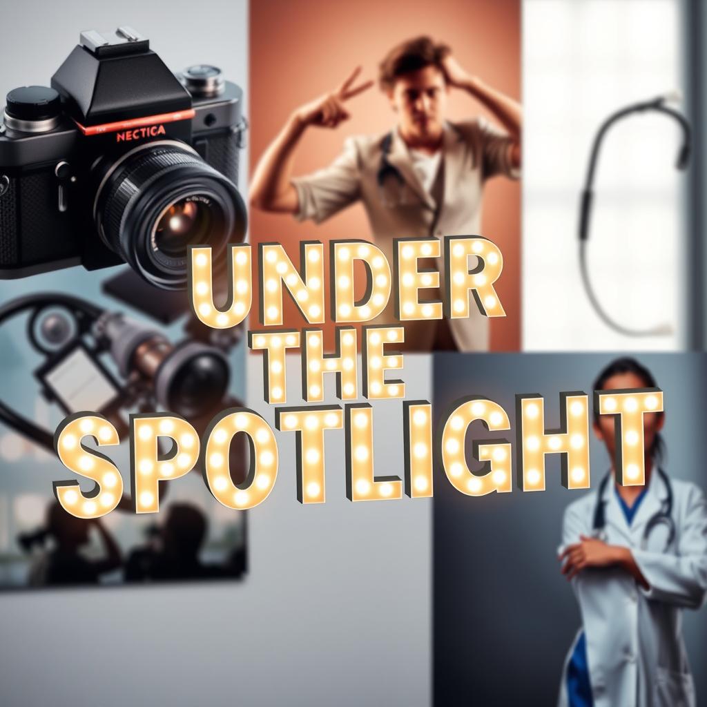 The phrase 'Under The Spotlight' presented in bold, illuminated letters, glowing brilliantly against a softly blurred background that includes a vintage camera, a medical stethoscope, an actor in a dynamic pose, and a female doctor in her professional attire