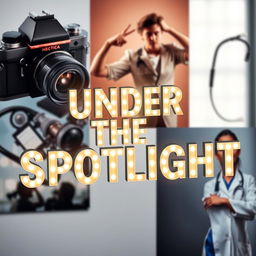 The phrase 'Under The Spotlight' presented in bold, illuminated letters, glowing brilliantly against a softly blurred background that includes a vintage camera, a medical stethoscope, an actor in a dynamic pose, and a female doctor in her professional attire