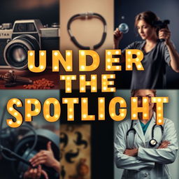The phrase 'Under The Spotlight' presented in bold, illuminated letters, glowing brilliantly against a softly blurred background that includes a vintage camera, a medical stethoscope, an actor in a dynamic pose, and a female doctor in her professional attire