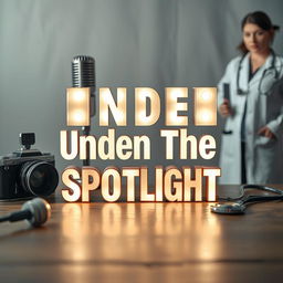 The phrase 'Under The Spotlight' showcased in bold, illuminated letters, radiating a vibrant glow against a softly blurred background that features a vintage camera, a microphone, a medical stethoscope, an actor in a dramatic pose, and a female doctor in her professional attire