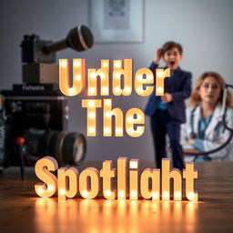 The phrase 'Under The Spotlight' showcased in bold, illuminated letters, radiating a vibrant glow against a softly blurred background that features a vintage camera, a microphone, a medical stethoscope, an actor in a dramatic pose, and a female doctor in her professional attire