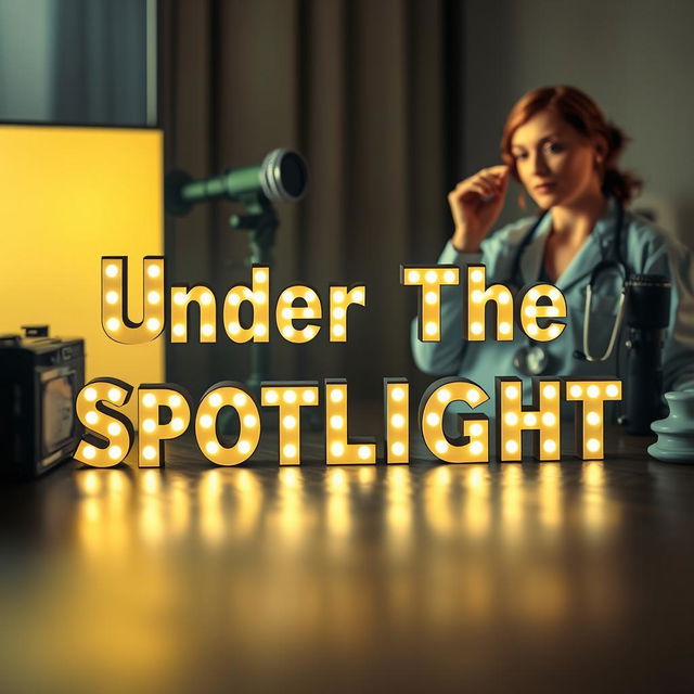 The phrase 'Under The Spotlight' showcased in bold, illuminated letters, radiating a vibrant glow against a softly blurred background that features a vintage camera, a microphone, a medical stethoscope, an actor in a dramatic pose, and a female doctor in her professional attire