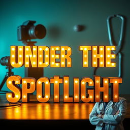 The phrase 'Under The Spotlight' showcased in bold, illuminated letters, radiating a vibrant glow against a softly blurred background that features a vintage camera, a microphone, a medical stethoscope, an actor in a dramatic pose, and a female doctor in her professional attire