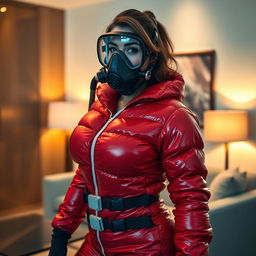 An alluring woman with a curvaceous figure is depicted in a shiny red puffy cold water immersion suit that accentuates her generous bust