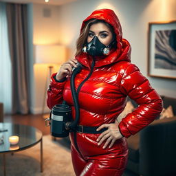 An alluring woman with a curvaceous figure is depicted in a shiny red puffy cold water immersion suit that accentuates her generous bust