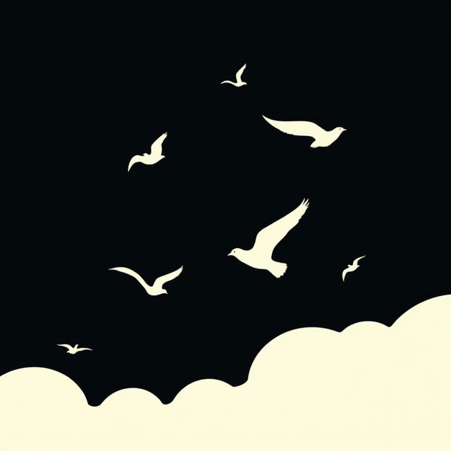 A minimalist scene showcasing several birds flying against a deep black background