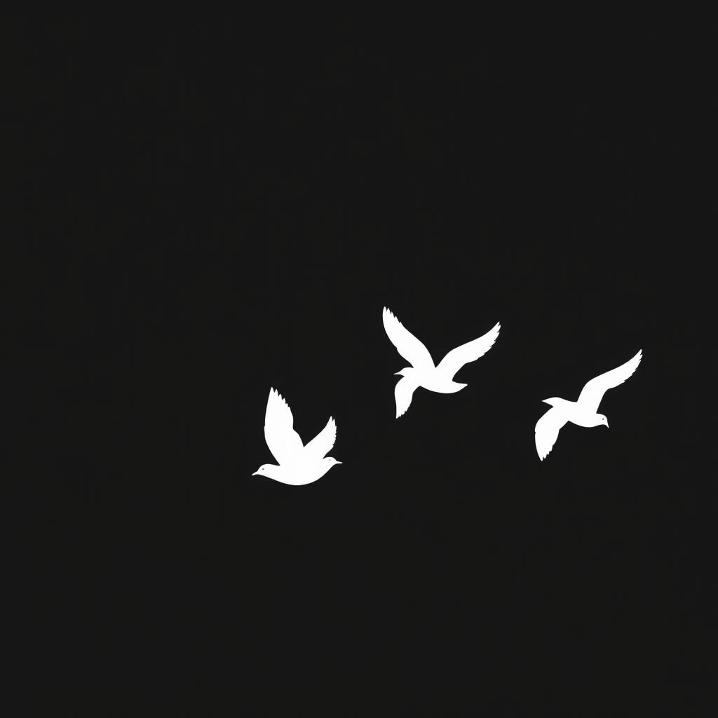 A minimalist scene showcasing several birds flying against a deep black background