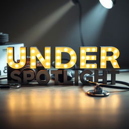 The phrase 'Under The Spotlight' displayed in bold, illuminated letters, gleaming brilliantly against a softly blurred background that features a vintage camera, a microphone, a medical stethoscope, and a dramatic spotlight shining down