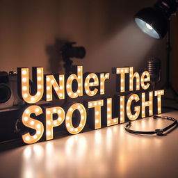 The phrase 'Under The Spotlight' displayed in bold, illuminated letters, gleaming brilliantly against a softly blurred background that features a vintage camera, a microphone, a medical stethoscope, and a dramatic spotlight shining down