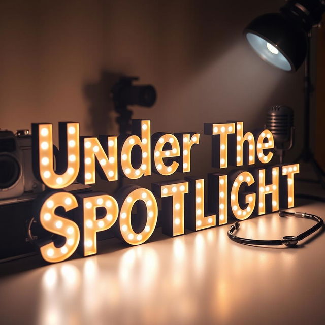 The phrase 'Under The Spotlight' displayed in bold, illuminated letters, gleaming brilliantly against a softly blurred background that features a vintage camera, a microphone, a medical stethoscope, and a dramatic spotlight shining down