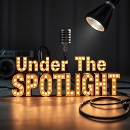 The phrase 'Under The Spotlight' displayed in bold, illuminated letters, gleaming brilliantly against a softly blurred background that features a vintage camera, a microphone, a medical stethoscope, and a dramatic spotlight shining down