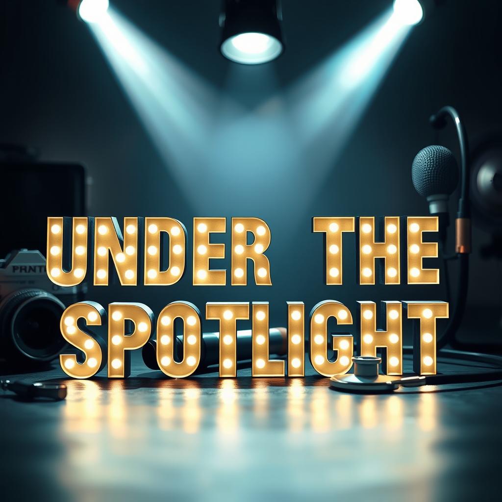 The phrase 'Under The Spotlight' displayed in bold, illuminated letters, gleaming brilliantly against a softly blurred background that features a vintage camera, a microphone, a medical stethoscope, and a dramatic spotlight shining down