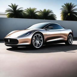 A sleek, modern car with gleaming paint and intricate detailing, parked under the bright sky