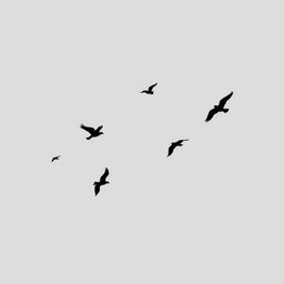 A minimalist scene featuring several birds flying against a soft grey background