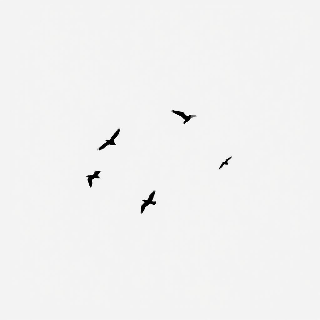 A minimalist scene featuring several birds flying against a soft grey background