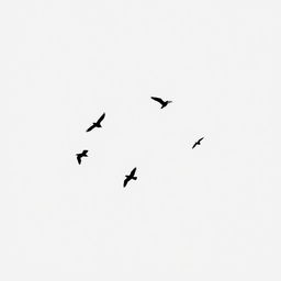 A minimalist scene featuring several birds flying against a soft grey background