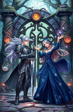 A dynamic scene depicting two characters from a popular fan-made story, sharing a moment of tension and excitement in a vibrant fantasy setting