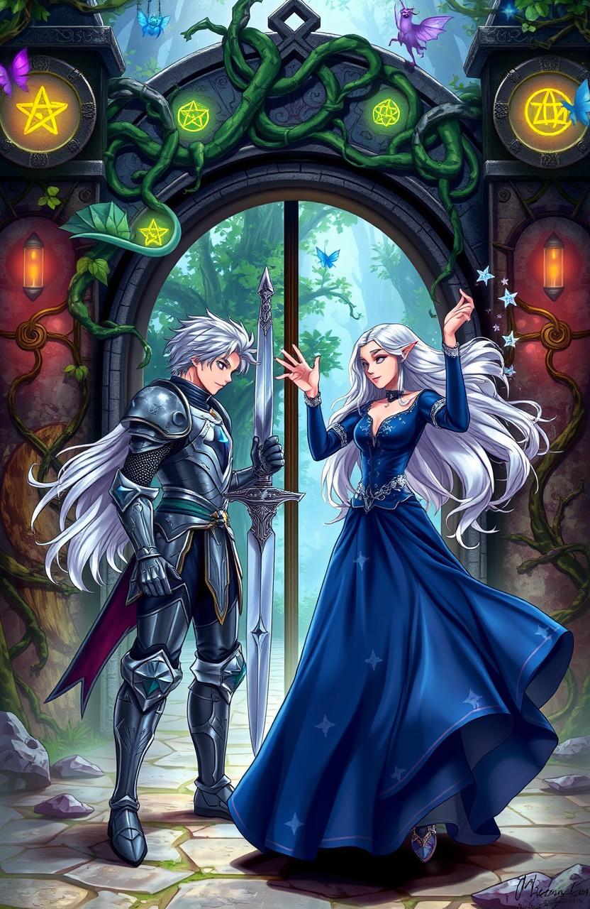 A dynamic scene depicting two characters from a popular fan-made story, sharing a moment of tension and excitement in a vibrant fantasy setting