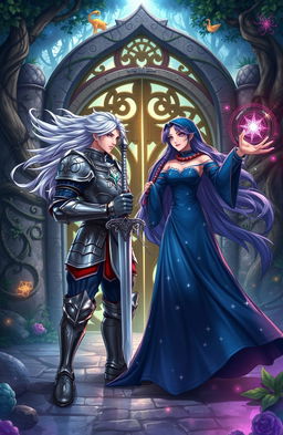 A dynamic scene depicting two characters from a popular fan-made story, sharing a moment of tension and excitement in a vibrant fantasy setting