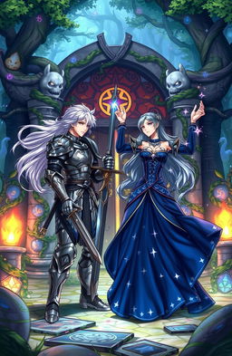 A dynamic scene depicting two characters from a popular fan-made story, sharing a moment of tension and excitement in a vibrant fantasy setting