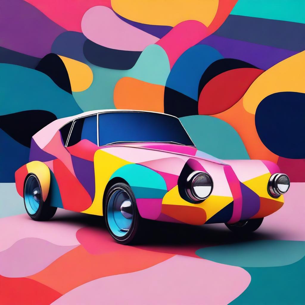 An abstract representation of a modern car with exaggerated shapes, vibrant colors, and a blend of surreal elements