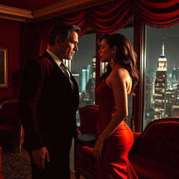 An intense dark romance scene featuring a relationship with an age gap, set in a luxurious penthouse with lavish decor