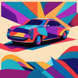 An abstract representation of a modern car with exaggerated shapes, vibrant colors, and a blend of surreal elements