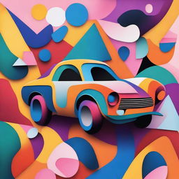 An abstract representation of a modern car with exaggerated shapes, vibrant colors, and a blend of surreal elements