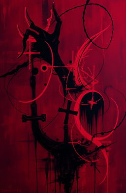 An abstract composition featuring a dark and moody atmosphere, dominated by deep red hues