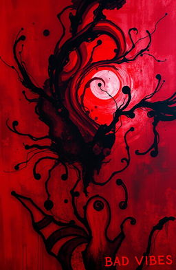 An abstract composition featuring a dark and moody atmosphere, dominated by deep red hues
