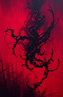 An abstract composition featuring a dark and moody atmosphere, dominated by deep red hues