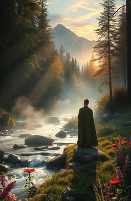 A mystical landscape that embodies the whispers of power and nature, featuring a serene forest illuminated by ethereal light filtering through the trees