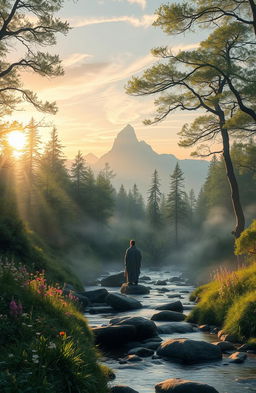 A mystical landscape that embodies the whispers of power and nature, featuring a serene forest illuminated by ethereal light filtering through the trees