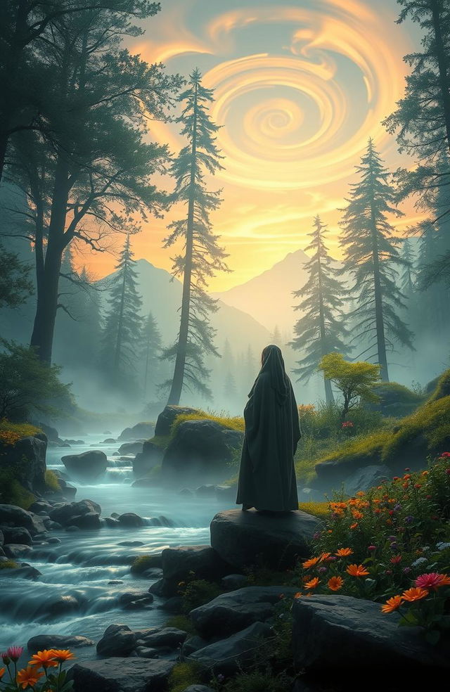 A mystical landscape that embodies the whispers of power and nature, featuring a serene forest illuminated by ethereal light filtering through the trees