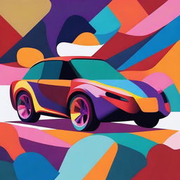 An abstract representation of a modern car with exaggerated shapes, vibrant colors, and a blend of surreal elements