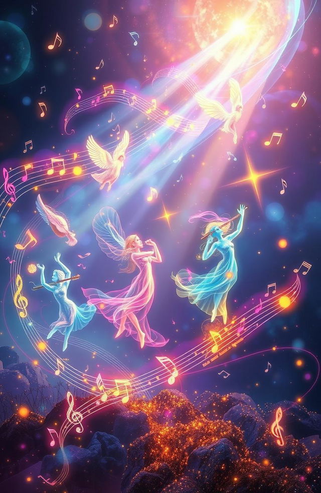 A surreal and enchanting scene depicting a vibrant symphony of ethereal spirits dancing gracefully among swirling notes of music, with colorful light trails illuminating their movements