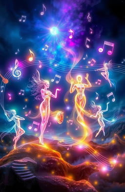 A surreal and enchanting scene depicting a vibrant symphony of ethereal spirits dancing gracefully among swirling notes of music, with colorful light trails illuminating their movements