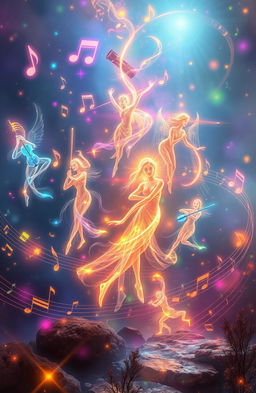 A surreal and enchanting scene depicting a vibrant symphony of ethereal spirits dancing gracefully among swirling notes of music, with colorful light trails illuminating their movements