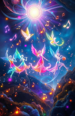 A surreal and enchanting scene depicting a vibrant symphony of ethereal spirits dancing gracefully among swirling notes of music, with colorful light trails illuminating their movements