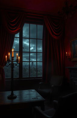 A dark and moody scene filled with rich, deep red hues, depicting an eerie atmosphere that exudes bad vibes