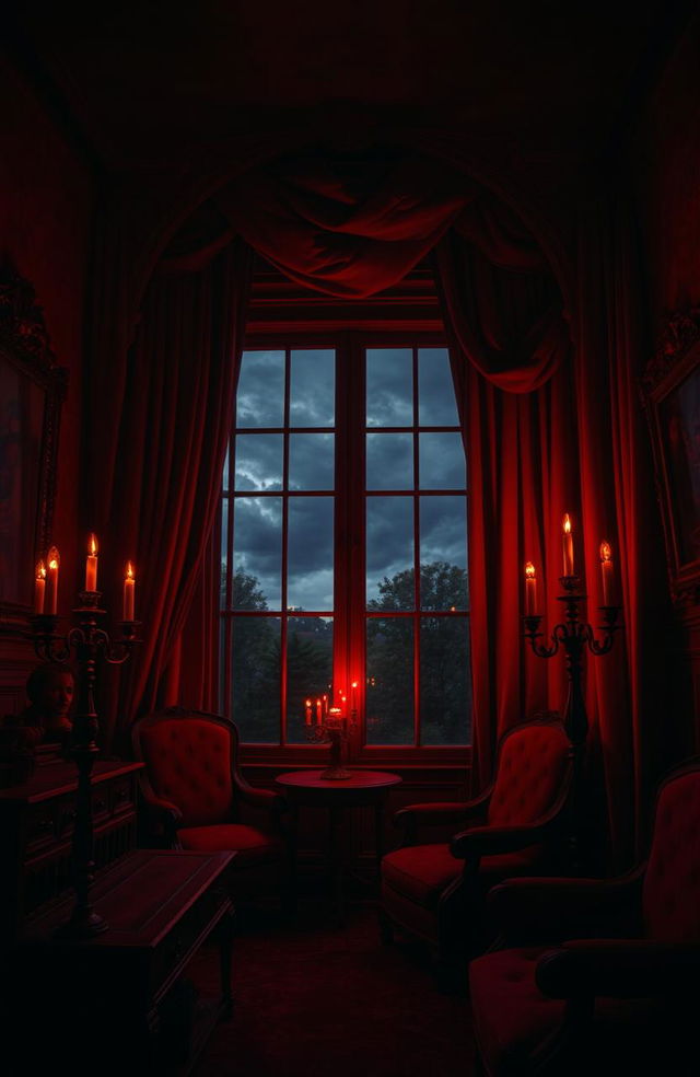 A dark and moody scene filled with rich, deep red hues, depicting an eerie atmosphere that exudes bad vibes