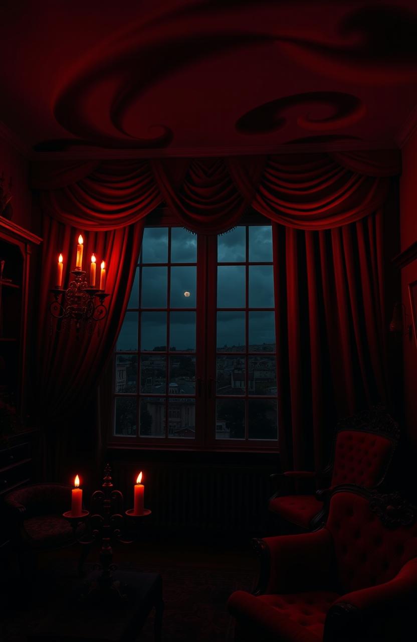 A dark and moody scene filled with rich, deep red hues, depicting an eerie atmosphere that exudes bad vibes