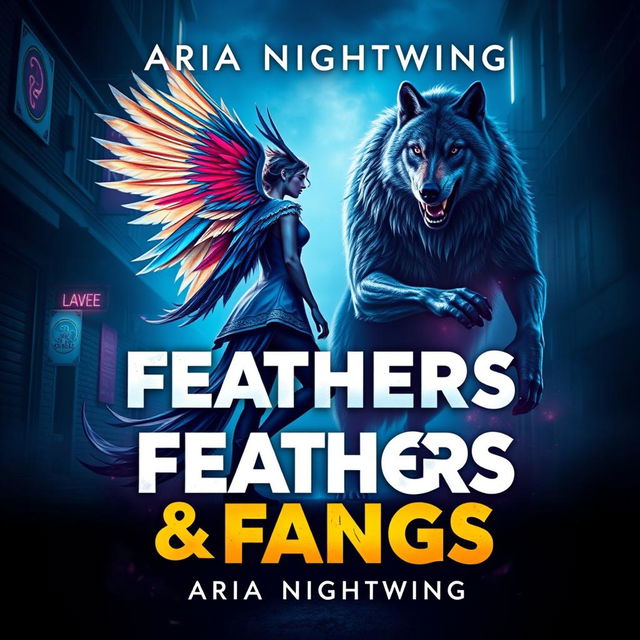 A striking book cover design for 'Feathers & Fangs' by Aria Nightwing