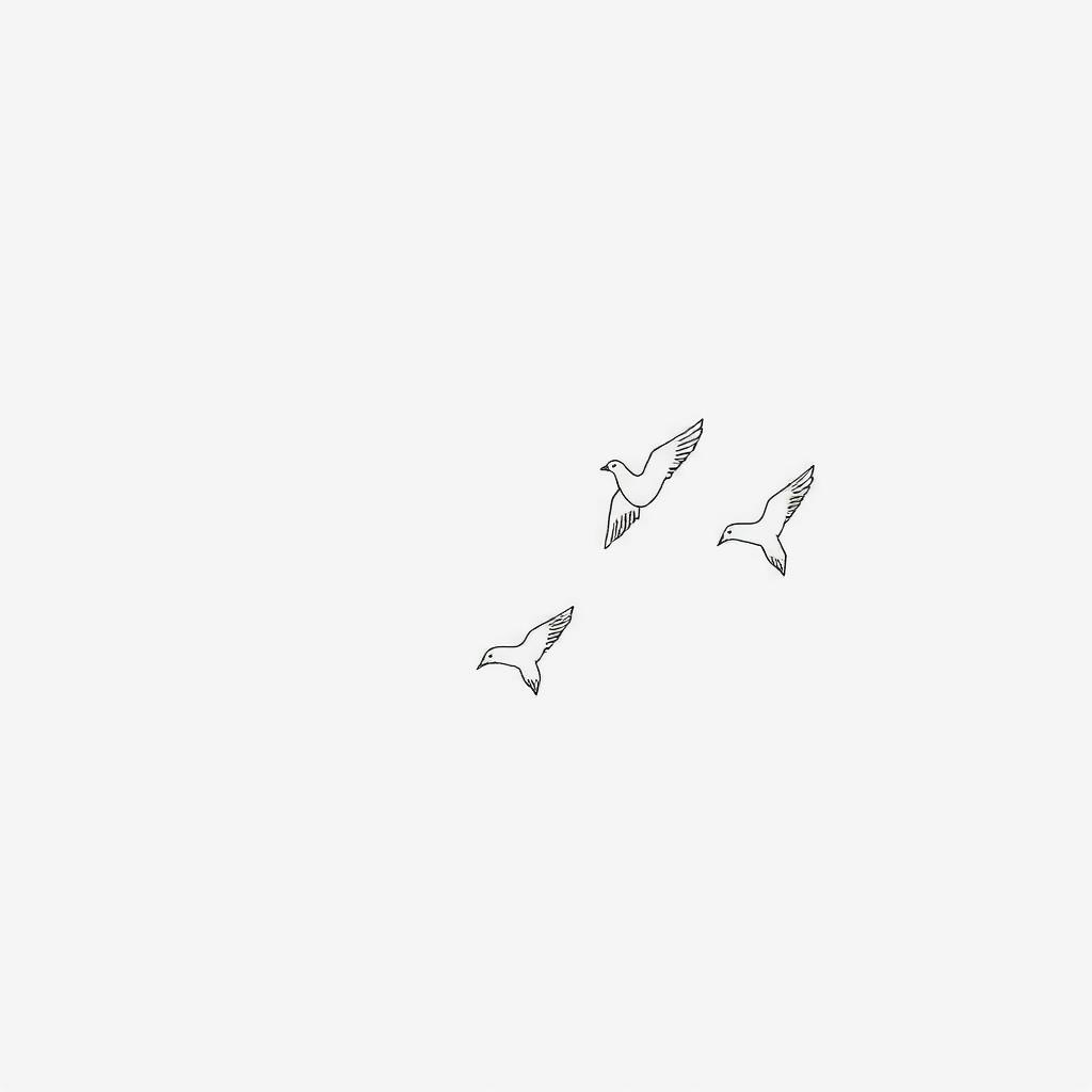 A minimalist artwork featuring birds in flight, depicted as single continuous line drawings against a soft grey background