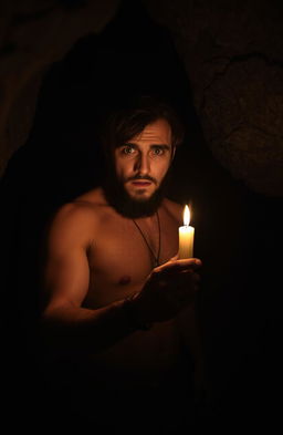 A rugged man standing in a dimly lit cave, holding a flickering candle that casts a warm, glowing light on the rough stone walls